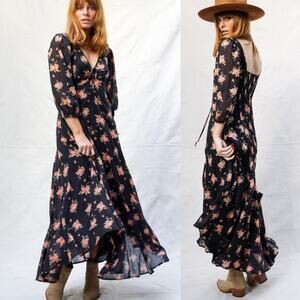 Free People Sea Glass Floral Midi Dress Sweetheart Handkerchief Hem Sz 4